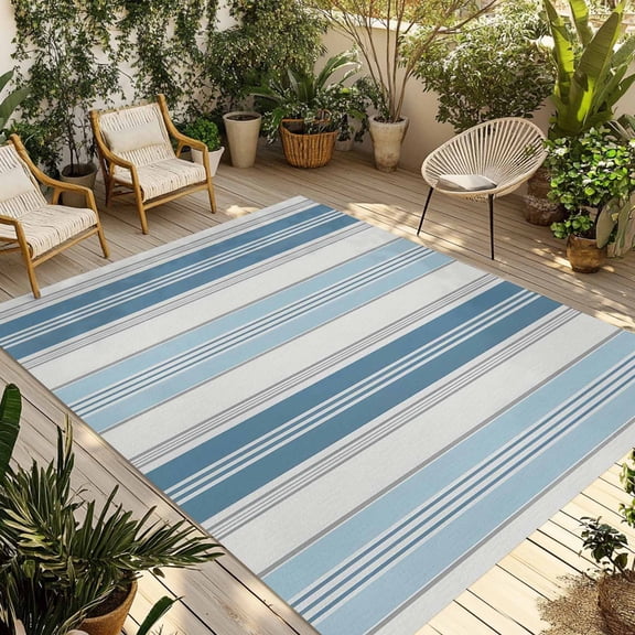 3' x 5' Outdoor Rug, Blue Striped Outdoor Washable Rug Large Floor Carpet, Modern Farmhouse Stripes Grey Non Shedding Area Rug for Outside Patio RV Porch Deck Balcony Camping Living Room