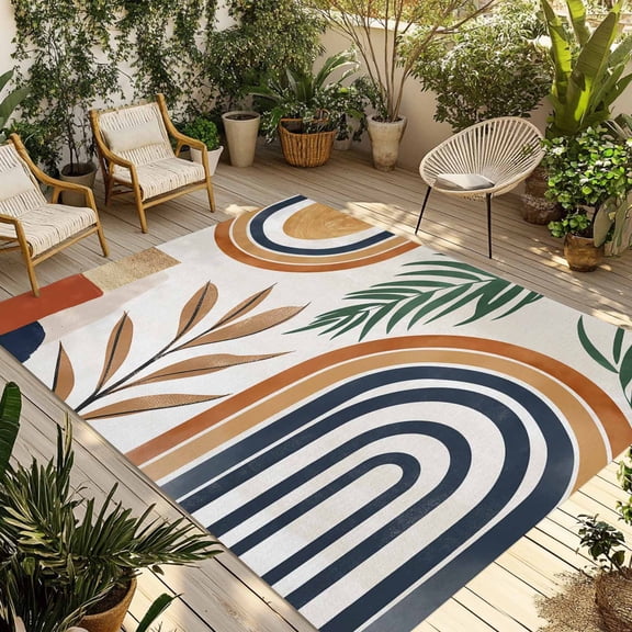 3' x 5' Outdoor Rug, Bohemian Nordic Outdoor Washable Rug Large Floor Carpet, Abstract Art Coconut Palm Leaves Non Shedding Area Rug for Outside Patio RV Porch Deck Balcony Camping Living Room