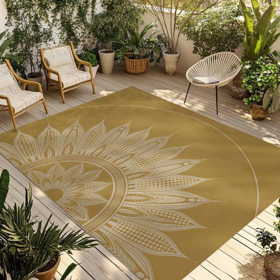 3' x 5' Outdoor Rug, Brown Boho Outdoor Washable Rug Large Floor Carpet, Middle Century Abstract Floral Ethnic Art Non Shedding Area Rug for Outside Patio RV Porch Deck Balcony Camping Living Room