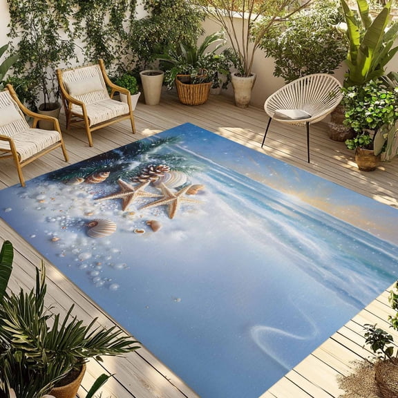 3' x 5' Outdoor Rug, Christmas Beach Outdoor Washable Rug Large Floor Carpet, Blue Shell Starfish Conch Pine Cone Snow Non Shedding Area Rug for Outside Patio RV Porch Deck Balcony Camping