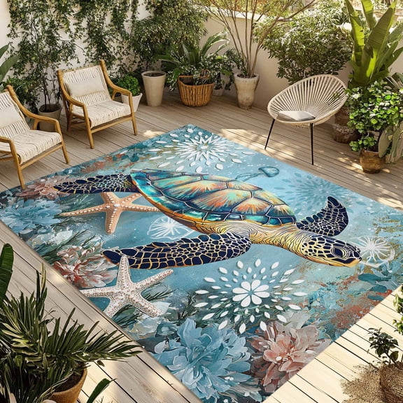 3' x 5' Outdoor Rug, Coastal Sea Turtle Outdoor Washable Rug Large Floor Carpet, Vintage Teal Nautical Beach Botanical Non Shedding Area Rug for Outside Patio RV Porch Deck Balcony Camping