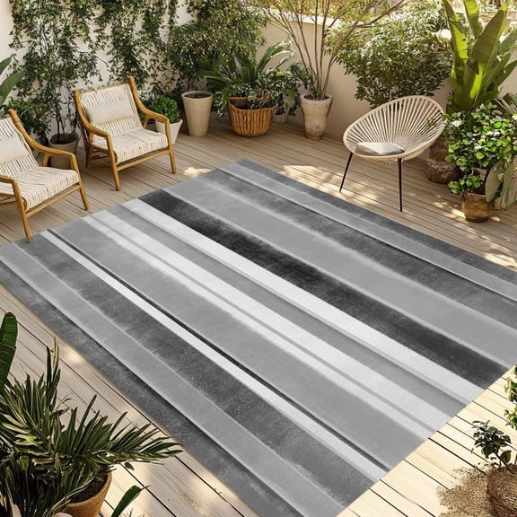 3' x 5' Outdoor Rug, Grey Nordic Style Stripes Outdoor Washable Rug Large Floor Carpet, Black Gray Texture Non Shedding Area Rug for Outside Patio RV Porch Deck Balcony Camping Living Room