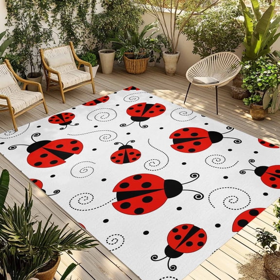 3' x 5' Outdoor Rug, Ladybug Outdoor Washable Rug Large Floor Carpet, Cartoon Red Black Dots Animals Modern Simple Non Shedding Area Rug for Outside Patio RV Porch Deck Balcony Camping Living Room