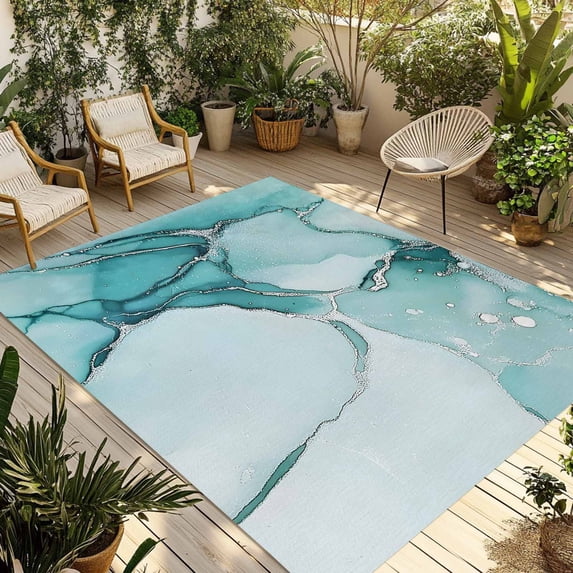 3' x 5' Outdoor Rug, Marble Turquoise Outdoor Washable Rug Large Floor Carpet, Abstract Nature Cracks Silver Wavy Non Shedding Area Rug for Outside Patio RV Porch Deck Balcony Camping Living Room