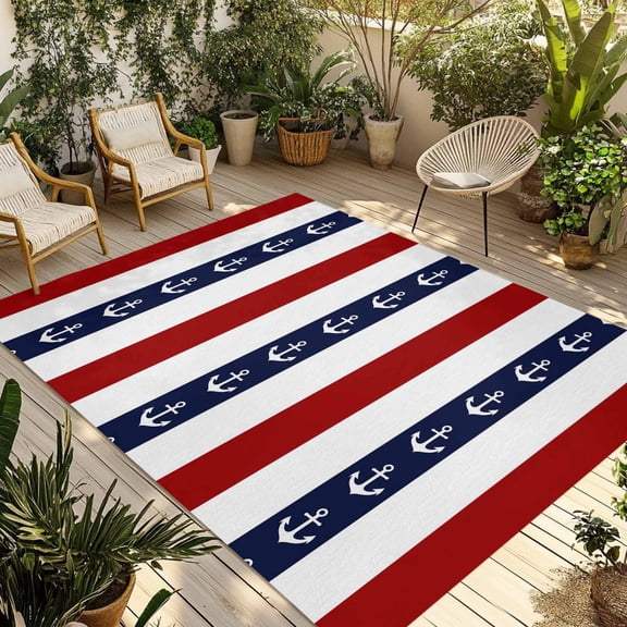 3' x 5' Outdoor Rug, Nautical Anchor Outdoor Washable Rug Large Floor Carpet, Red Navy Blue White Stripe Geometric Non Shedding Area Rug for Outside Patio RV Porch Deck Balcony Camping Living Room