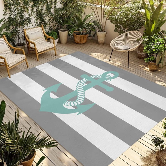 3' x 5' Outdoor Rug, Nautical Anchor Outdoor Washable Rug Large Floor Carpet, Turquoise Grey White Horizontal Stripe Non Shedding Area Rug for Outside Patio RV Porch Deck Balcony Camping Living Room