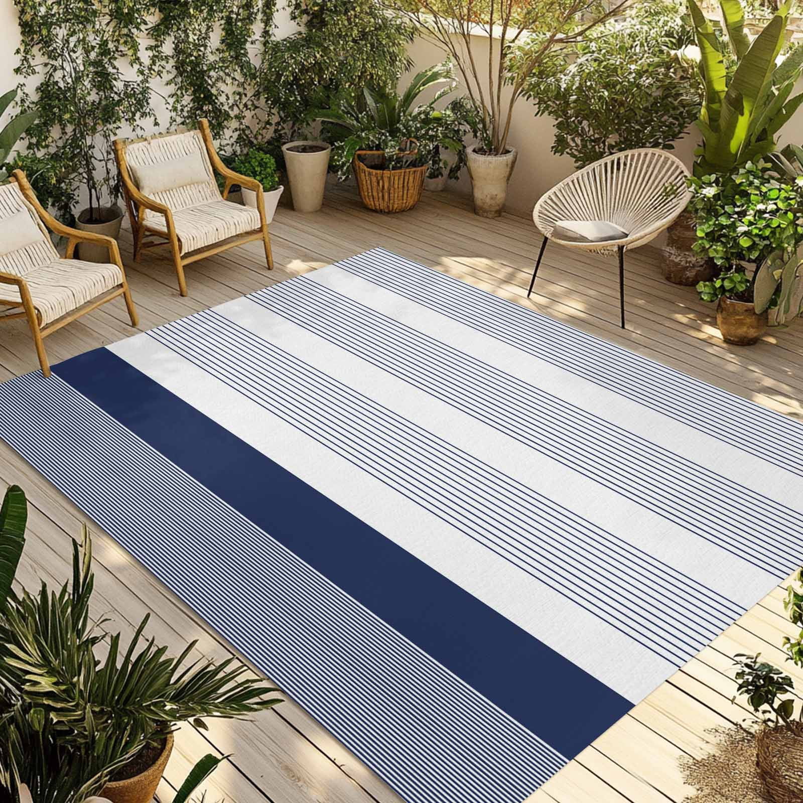 3' x 5' Outdoor Rug, Navy Blue Stripe Outdoor Washable Rug Large Floor Carpet, Modern Rustic Horizontal Blue Striped Non Shedding Area Rug for Outside Patio RV Porch Deck Balcony Camping Living Room