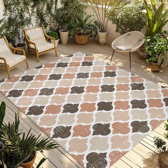 3' x 5' Outdoor Rug, Ombre Brown Geometric Plaid Retro Abstract Morocco Gingham Outdoor Washable Rug Large Floor Carpet, Non Shedding Area Rug for Outside Patio RV Porch Deck Balcony Camping