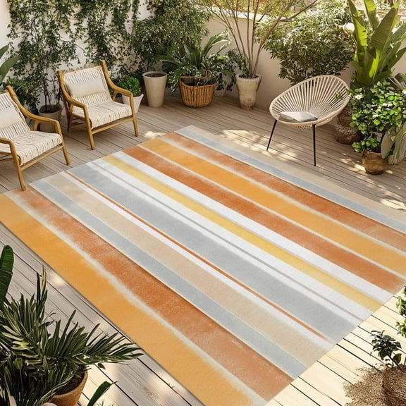 3' x 5' Outdoor Rug, Orange Nordic Style Stripes Outdoor Washable Rug Large Floor Carpet, Orange Grey Texture Non Shedding Area Rug for Outside Patio RV Porch Deck Balcony Camping Living Room