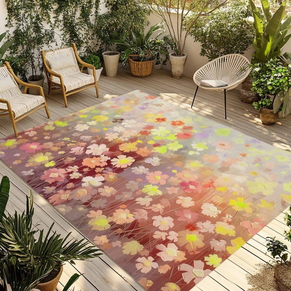 3' x 5' Outdoor Rug, Orange Spring Floral Outdoor Washable Rug Large Floor Carpet, Modern Oil Painted Daisy Botanical Non Shedding Area Rug for Outside Patio RV Porch Deck Balcony Camping Living Room