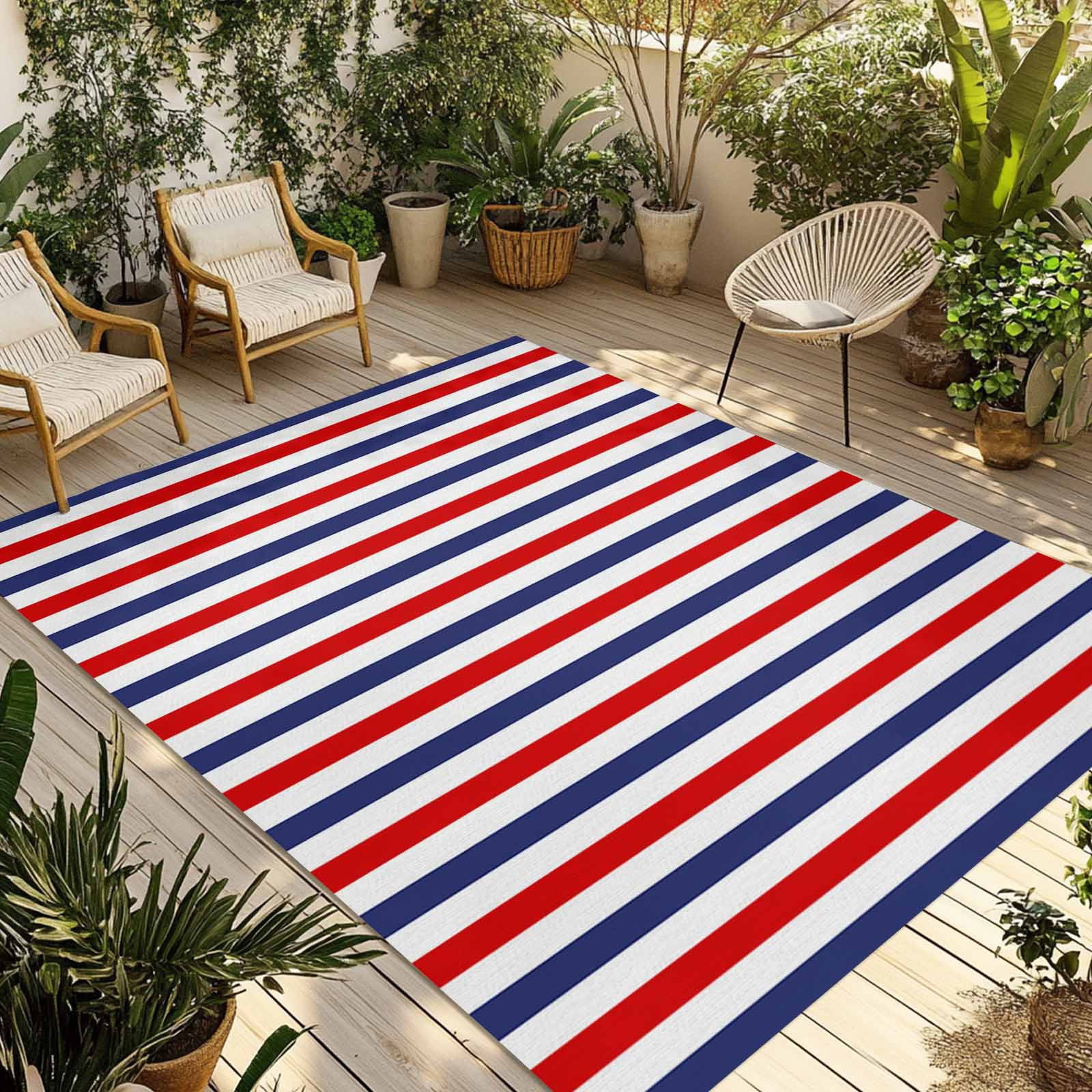 3' x 5' Outdoor Rug, Red Blue White Striped Outdoor Washable Rug Large Floor Carpet, Modern Simple Stripes Non Shedding Area Rug for Outside Patio RV Porch Deck Balcony Camping Living Room