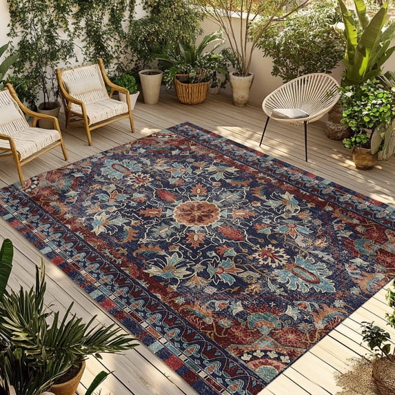 3' x 5' Outdoor Rug, Retro Boho Outdoor Washable Rug Large Floor Carpet, Rustic Flowers Modern Geometric Abstract Art Non Shedding Area Rug for Outside Patio RV Porch Deck Balcony Camping Living Room