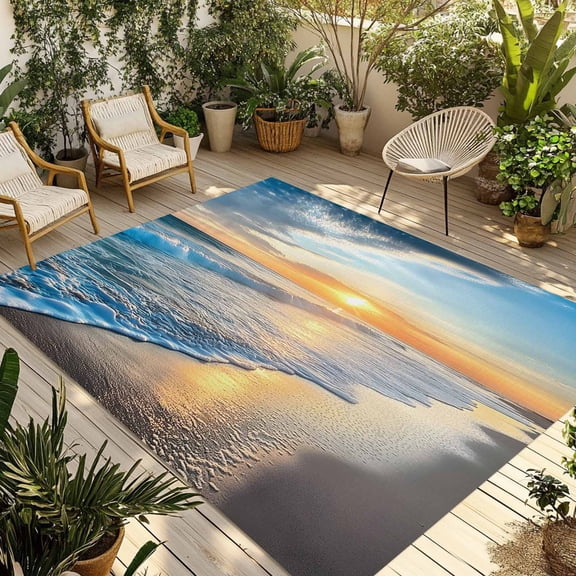 3' x 5' Outdoor Rug, Sunset Beach Outdoor Washable Rug Large Floor Carpet, Spray Ocean Waves Sky Nature Scenery Non Shedding Area Rug for Outside Patio RV Porch Deck Balcony Camping Living Room