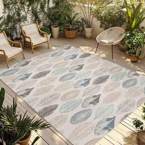 3' x 5' Outdoor Rug, Teal Beige Tropical Leaves Outdoor Washable Rug Large Floor Carpet, Farmhouse Burlap Aesthetics Non Shedding Area Rug for Outside Patio RV Porch Deck Balcony Camping Living Room