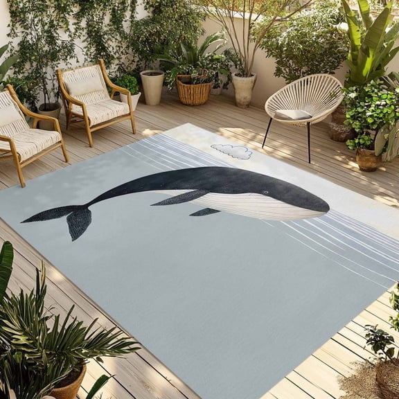 3' x 5' Outdoor Rug, Whale Outdoor Washable Rug Large Floor Carpet, Ocean Coastal Fish Aqua Beach Orange Sky Non Shedding Area Rug for Outside Patio RV Porch Deck Balcony Camping Living Room