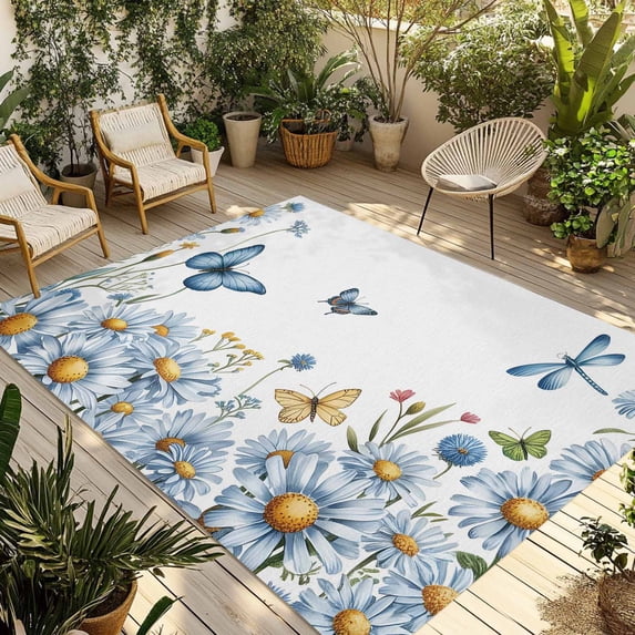 3' x 5' Outdoor Rug, White Daisy Blossom Outdoor Washable Rug Large Floor Carpet, Spring Graden Floral Butterflies Non Shedding Area Rug for Outside Patio RV Porch Deck Balcony Camping Living Room