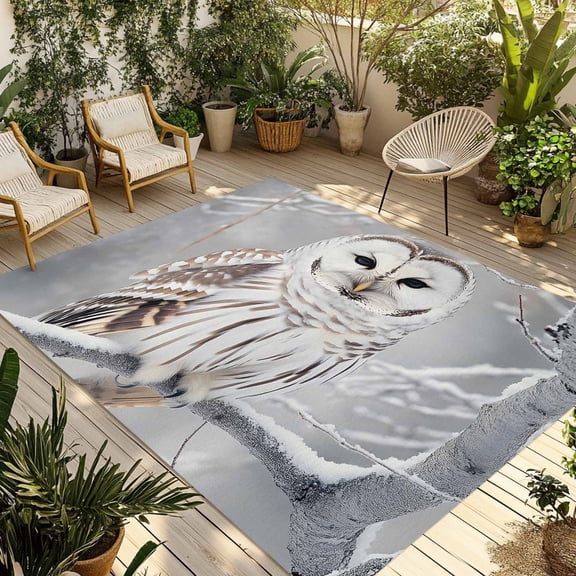 3' x 5' Outdoor Rug, Winter Owl Outdoor Washable Rug Large Floor Carpet, Country Birds Animal Tree Branches Snow Non Shedding Area Rug for Outside Patio RV Porch Deck Balcony Camping Living Room