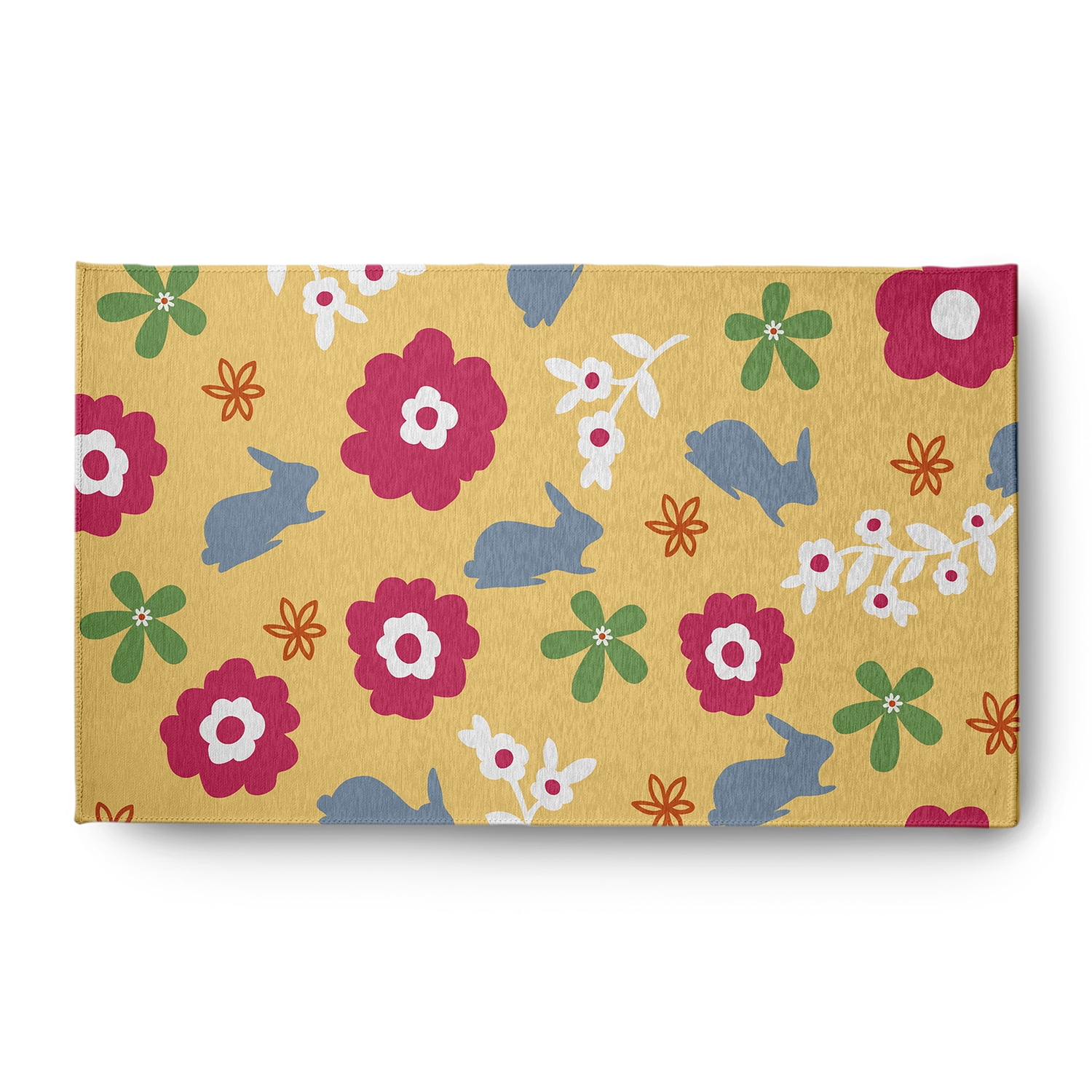 3' x 5' Simply Daisy Flowery Love with Bunnies Traditional Chenille Area Rug, Daffodil Yellow-Blue