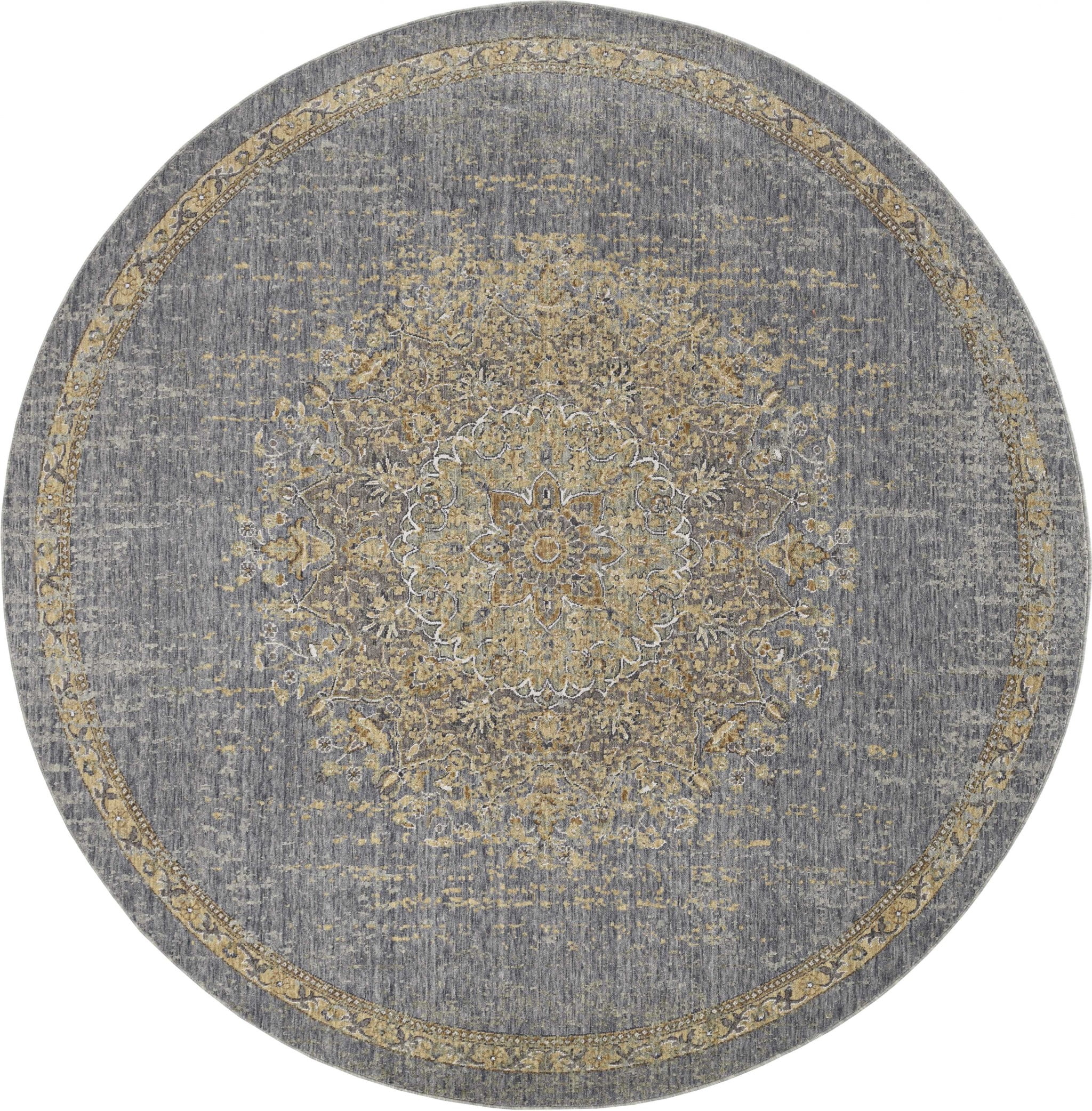 Elegant Slate Grey Medallion Bordered Wool Area Rug, 39" x 63"