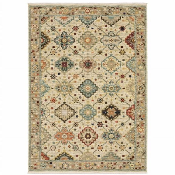 3 x 5 ft. Beige Pale Blue Rust Gold Tan Brown & Orange Oriental Power Loom Stain Resistant Rectangle Area Rug with Fringe