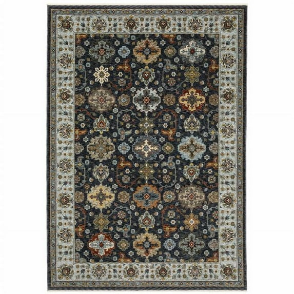 3 x 5 ft. Blue Red Beige Yellow Gray Rust & Gold Oriental Power Loom Stain Resistant Rectangle Area Rug with Fringe