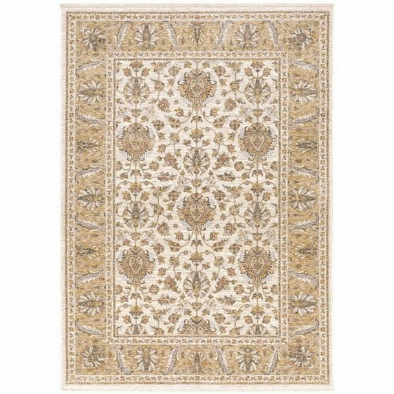3 x 5 ft. Ivory & Gold Oriental Power Loom Stain Resistant Rectangle Area Rug with Fringe