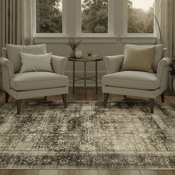 3x5 Washable Rug, Non Slip Stain-Resistant Traditional Retro Rugs for Entryway, Kitchen, Bedroom, Laundry, Bathroom-Brown