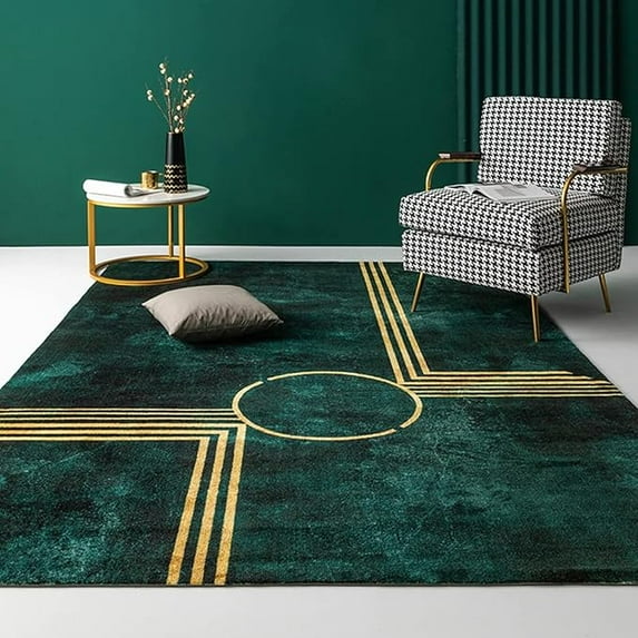 3 x 5ft Emerald Green Marble Area Rug, Geometric Gold Striped Indoor Rug With Anti-Slip Backing Durable Not Falling Off Carpet For Living Room Bedroom Dining Room