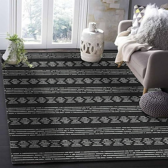 3 x 5ft Geometric Black Area Rug, Modern Outdoor Living Room Bedroom Area+Rug Carpet, Kitchen Rug Bath Mat Front Porch Floor Doormat Runner Rugs, Bohemia White Boho Tribal Stripes