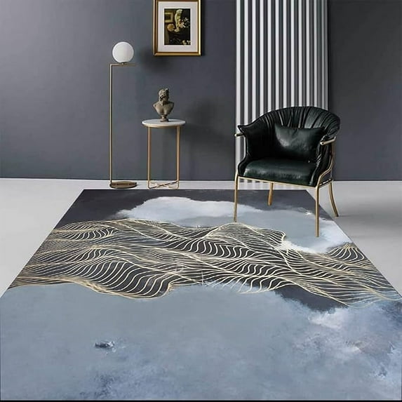 3 x 5ft Grey Gold Striped Pattern Area Rug, Modern Abstract Print Rugs, Non Slip Machine Washable Easy Care Carpet For Indoor Living Room Bedroom Study Apartment Home Decor