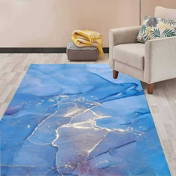 3 x 5ft Turquoise Gold Marble Area Rug, Boho Chic Abstract Rug With Anti-Slip Backing Durable Carpet For Living Room Bedroom Dining Room