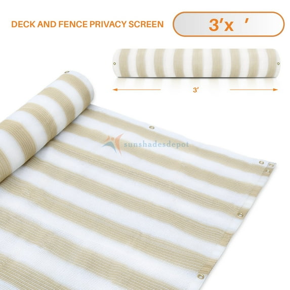 3' x 7' Beige with White Stripes Residential Commercial Privacy Deck Fence Screen 160 GSM Weather Resistant Outdoor Protection Fencing Net for Balcony Verandah Porch Patio Pool Backyard Rails