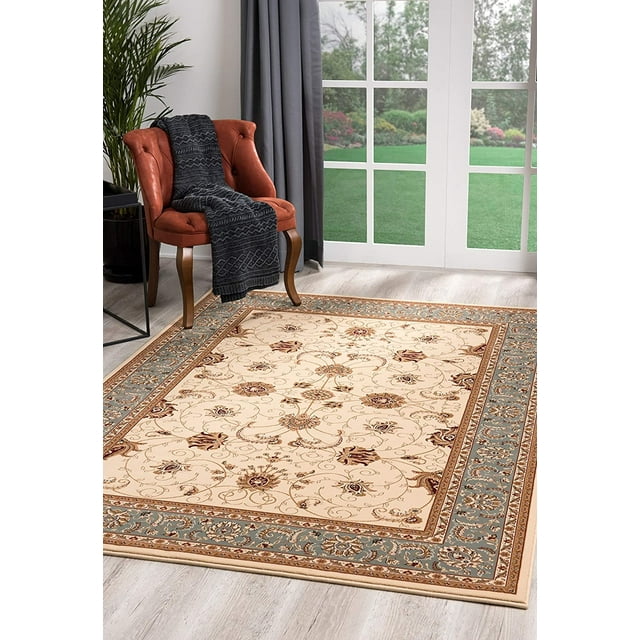 3â€™ x 8â€™ Cream and Blue Traditional Runner Rug
