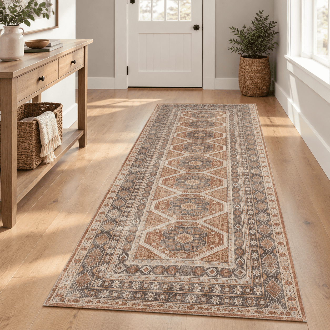 Rectangular Runner Rug 3' x 8' Rectangular Washable Runner Rug, Brick Color, Non-Slip for ...