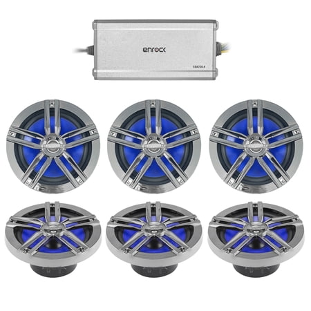 3 x Enrock Marine 180-Watts High-Performance 6.5" Water-Resistant Loudspeakers (Charcoal) (3 Pairs), Enrock Marine 4-Channel Marine/Powersports Amplifier