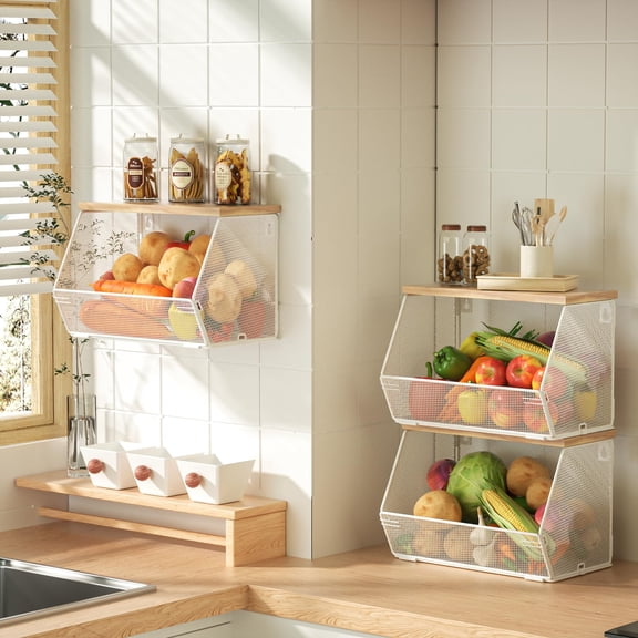 3 x Large White Stackable Wire Storage Baskets with Wood Lid