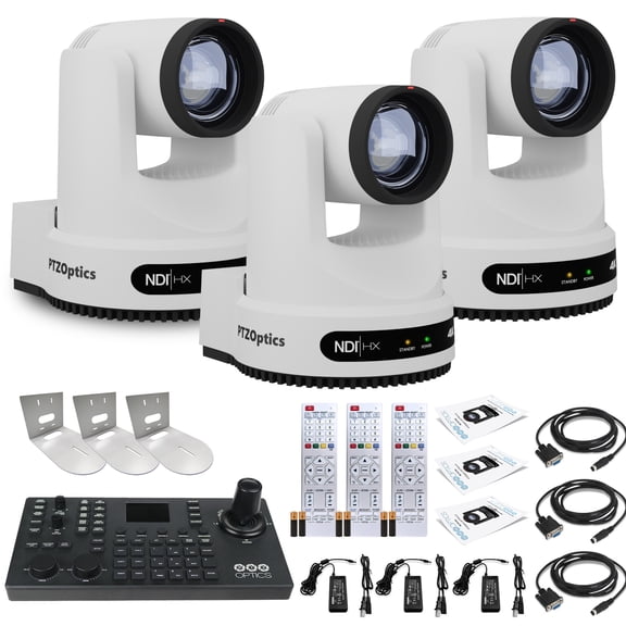 3 x PTZOptics Move 4K SDI/HDMI/USB/IP PTZ Camera with 12x Optical Zoom (White) (PT12X-4K-WH-G3) + PTZOptics SuperJoy PTZ Camera Joystick Controller + 3 x Universal Wall Mount (White)