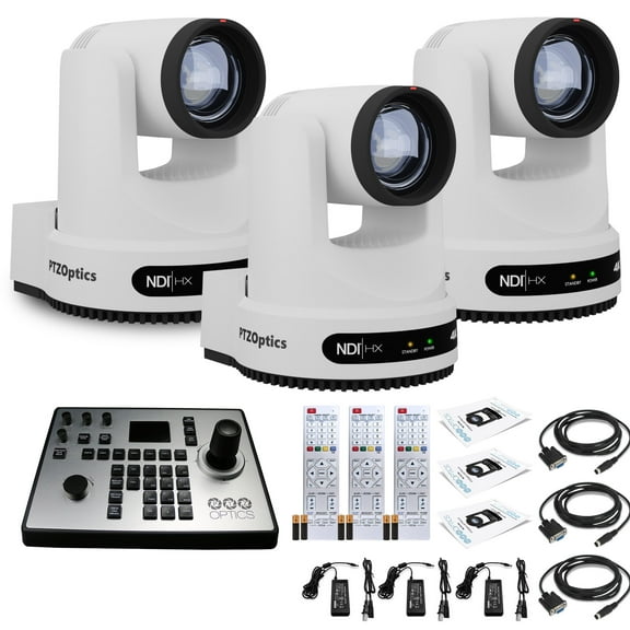 3 x PTZOptics Move 4K SDI/HDMI/USB/IP PTZ Camera with 12x Optical Zoom (White) (PT12X-4K-WH-G3) + PTZOptics PT-JOY-G4 Joystick Controller