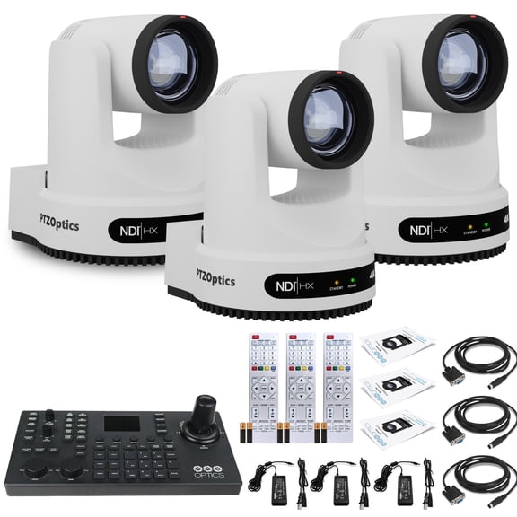3 x PTZOptics Move 4K SDI/HDMI/USB/IP PTZ Camera with 12x Optical Zoom (White) (PT12X-4K-WH-G3) + PTZOptics SuperJoy PTZ Camera Joystick Controller