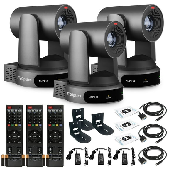 3 x PTZOptics Move 4K SDI/HDMI/USB/IP PTZ Camera with 30x Optical Zoom (Gray) (PT30X-4K-GY-G3) + 3 x Universal Wall Mount (Black)