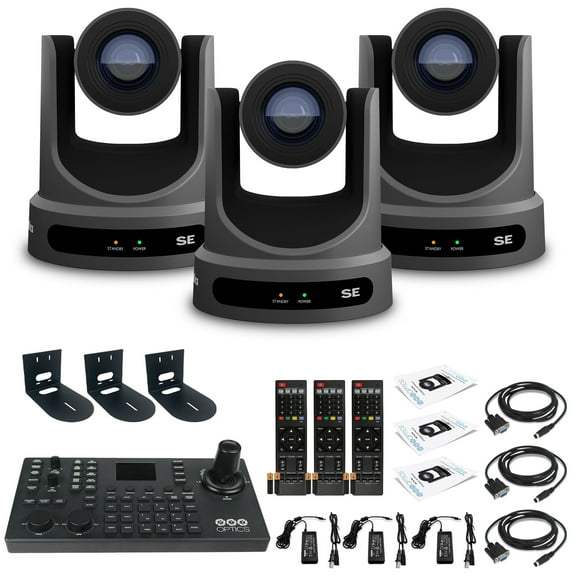 3 x PTZOptics Move SE PTZ Camera with 20x Optical Zoom + SuperJoy PTZ Camera Controller + 3 x Wall Mount