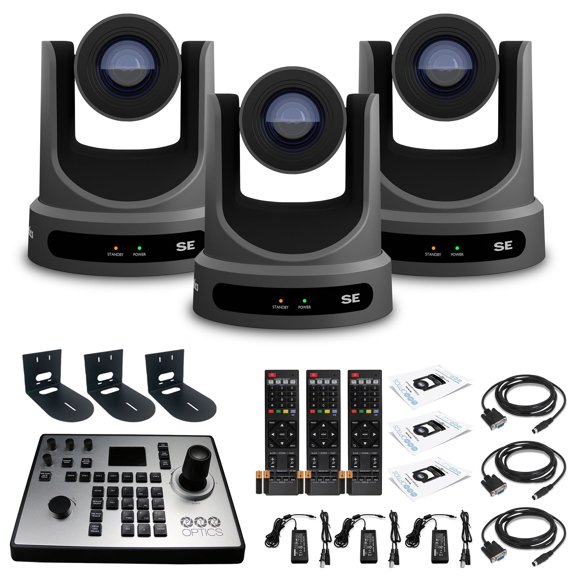 3 x PTZOptics Move SE PTZ Camera with 30x Optical Zoom (PT30X-SE-GY-G3) + PT-JOY-G4 Controller + 3 x Wall Mount