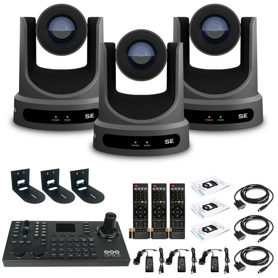 3 x PTZOptics Move SE PTZ Camera with 30x Optical Zoom (PT30X-SE-GY-G3) + SuperJoy PTZ Controller + 3 x Wall Mount