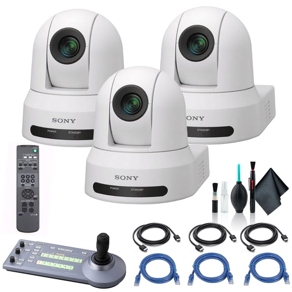 3 x Sony SRG-X40UH 4K/HDMI/USB Optical 40x Zoom PTZ Camera with PoE+ White SRG-X40UH/W, Sony RM-IP10 IP Remote, 2 x AA Batteries, 3 x Cat5e Ethernet Cable, Cleaning Set, 3 x HDMI Cable - Bundle