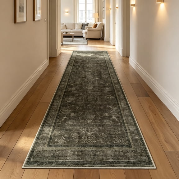 3'x10' Machine Washable Runner Rug Vintage Non-Slip Low-Pile Stain-Resistant Hallway Carpet, Soft for Entryway, Kitchen, Bathroom, Pet-Safe, Robot Vacuum Friendly, Olive Green