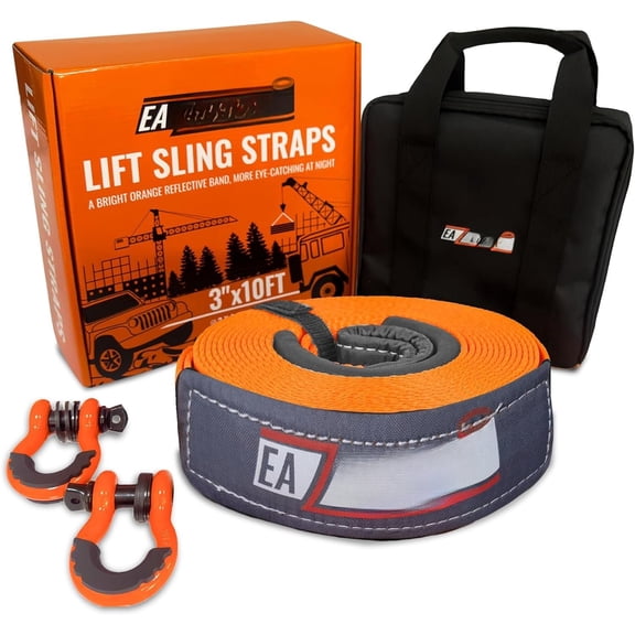 3"x10Ft Sturdy Lift Sling Straps 25000 Lbs Breaking Load Capacity Lifting sling Crane Tree Saver Strap Straps Tow Strap Pull Hoist 2 count 3/4 Robust D Ring Shackles+Storage Bag