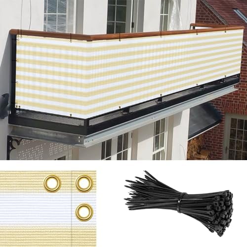 3'x11'10" Beige White Balcony Privacy Screen Fence Outdoor Patio Mesh Shade Net Cover, UV Protection Shade Cloth Temporary Fencing for Apartment Railing Porch Deck$$Garden & Patio