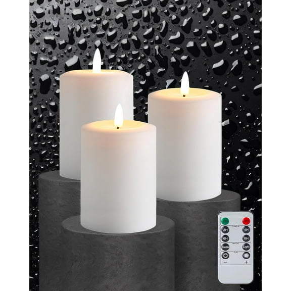 3"x4" Flickering Flameless Candles with Remote Timer, Rl Wax, White Pillar Candles, Set of 3 Large LED Battery Operated for Home, Fireplace, Centerpiece, Rustic and Farmhouse Decor