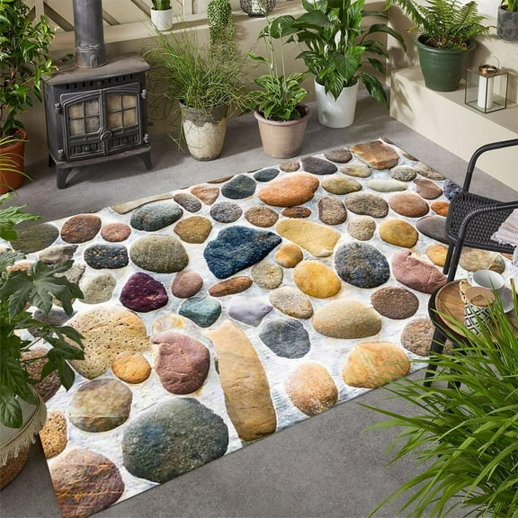 3'x4' Outdoor Rug Modern Farmhouse Washable Area Rug for Patio Deck Balcony Backyard Deck Beach Theme Carpet 3D Illusion Stone Pattern Garden Swimming Pool Waterproof Floor Rugs Blue Grey