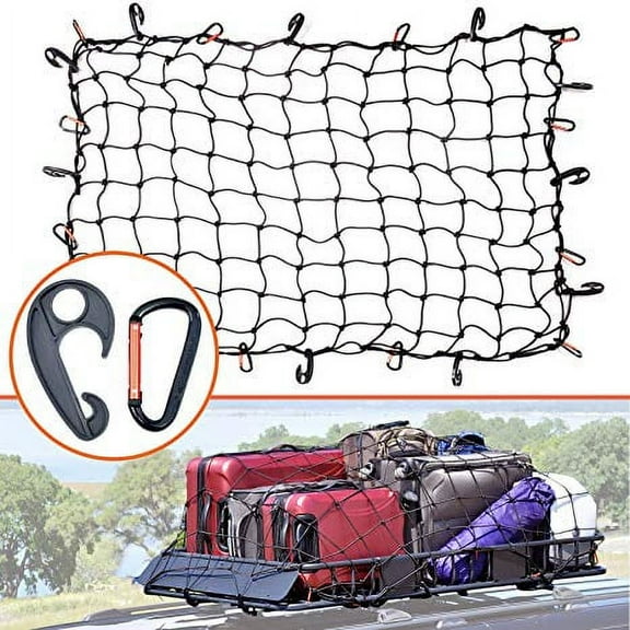 3'x4' Super Duty Bungee Cargo Net Stretches to 6'x8' for Oversized Rooftop Cargo Rack & Small Trucks | Narrow 3"x3" Grid Holds Small & Large Loads Tighter | 12 Tangle-free 3" Carabiners + 12